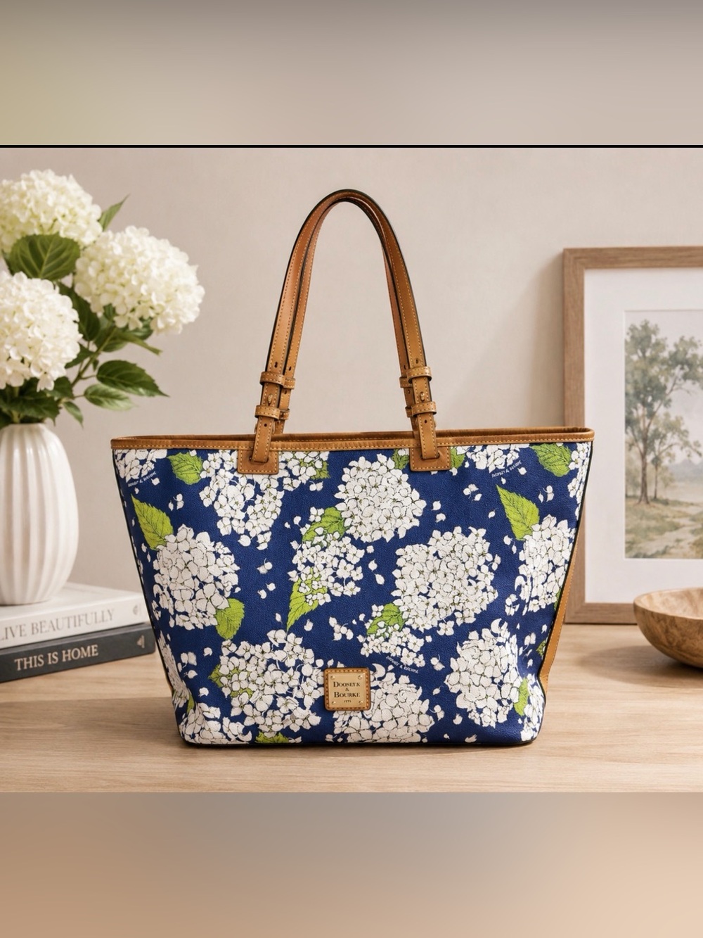 Dooney & Bourke Navy Floral Tote with Tan Handles